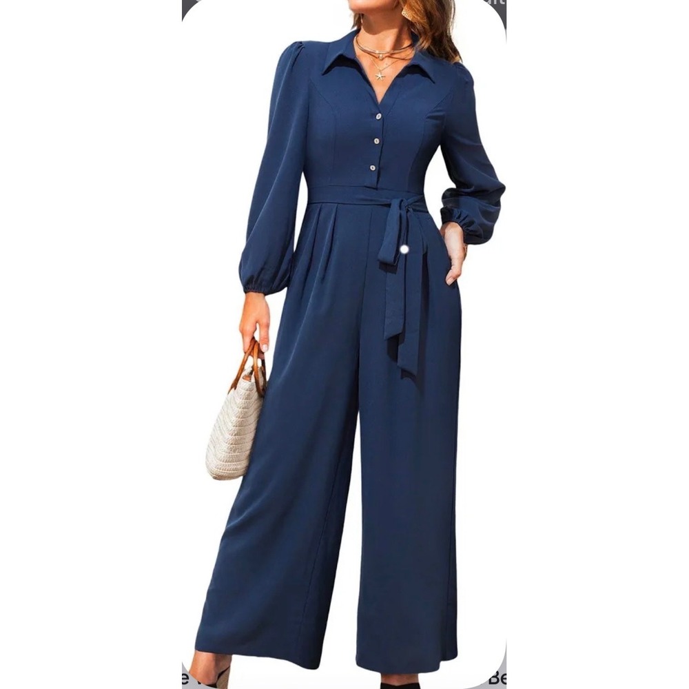 Cupshe‎ Jumpsuit Women's Large V-Neck Button Front Belted Jumpsuit Navy NWOT